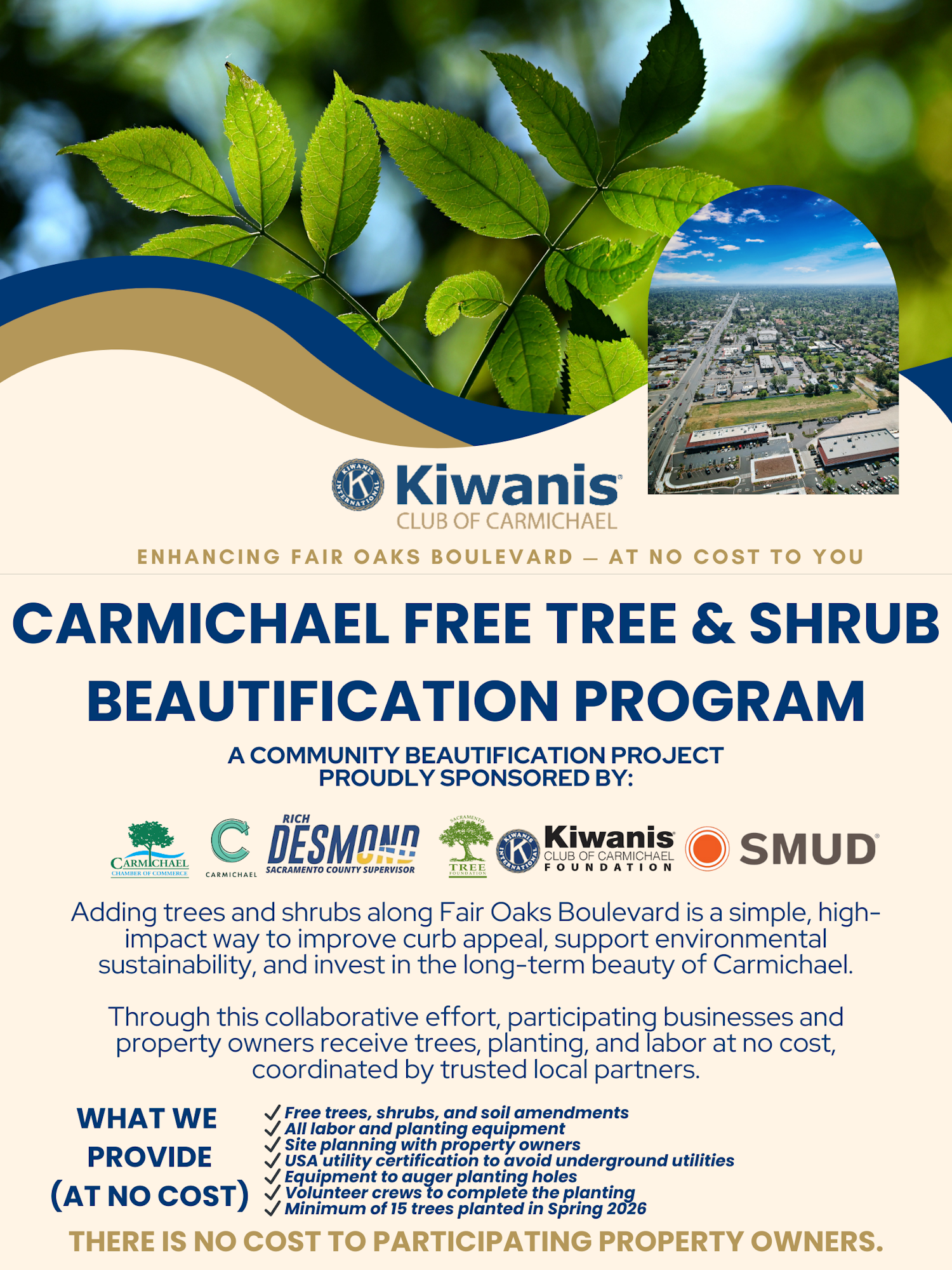 Carmichael offers free trees and shrubs for beautification along Fair Oaks Boulevard, enhancing curb appeal and sustainability.