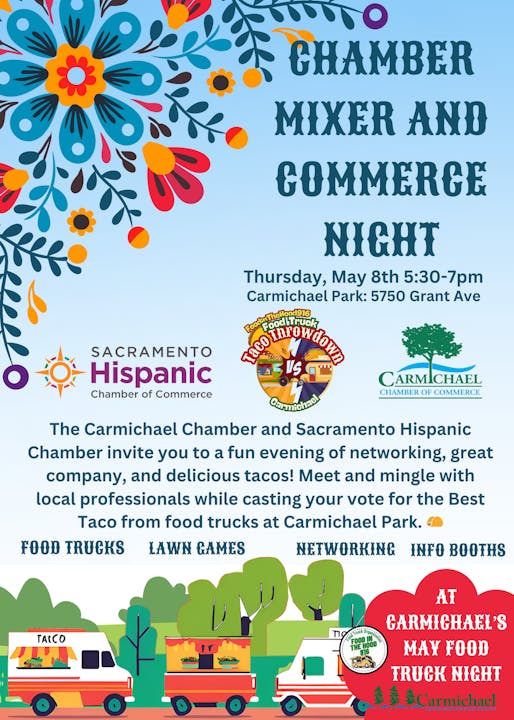 Chamber Mixer and Commerce Night event with tacos, networking, and games at Carmichael Park on May 8th, 5:30-7pm.