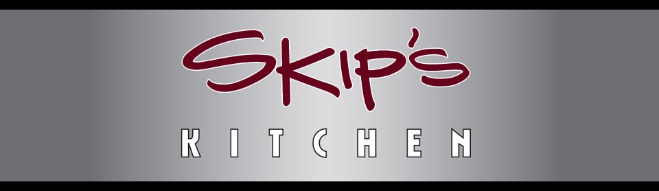 The image shows a logo with the text "Skip's Kitchen" on a gradient background.