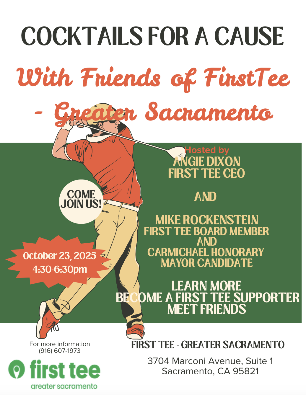 Event flyer for "Cocktails for a Cause" with First Tee Greater Sacramento on October 23, 2025, highlighting hosts and location.
