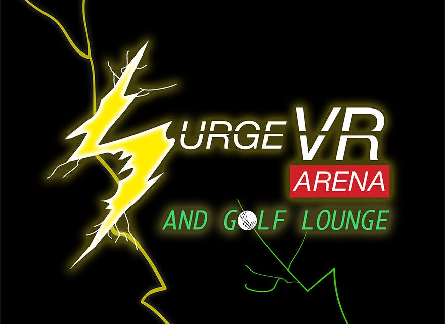 Logo of "Surge VR Arena and Golf Lounge" with a lightning bolt design.