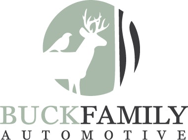 Logo of "Buck Family Automotive" featuring a deer and bird silhouette.