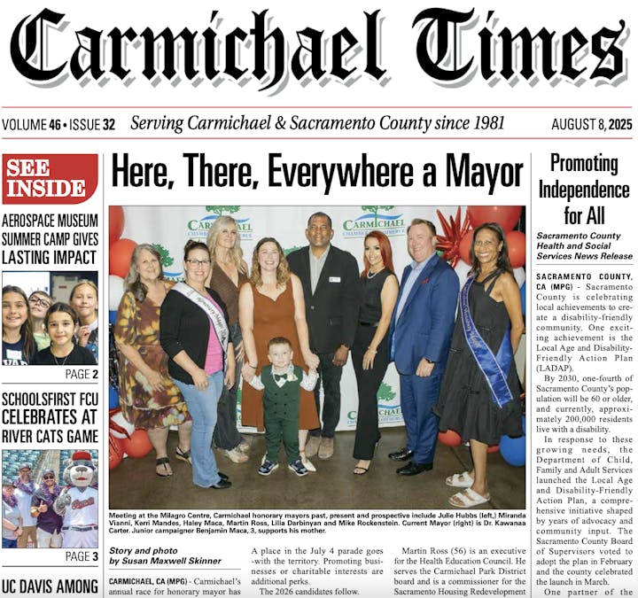 A newspaper cover featuring an article about mayors in Carmichael, California, and local achievements promoting disability-friendly initiatives.