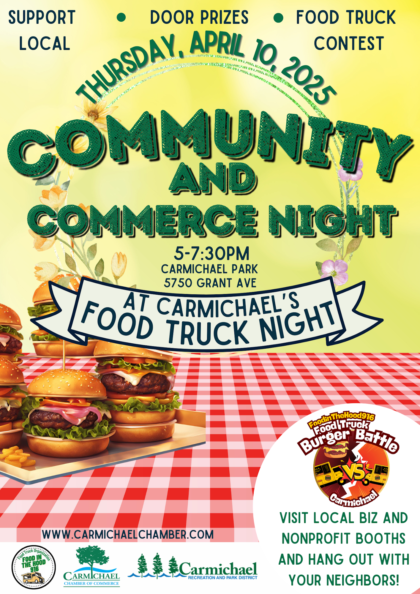 Community and Commerce Night event flyer for April 10, 2025, featuring food trucks and local booths at Carmichael Park.
