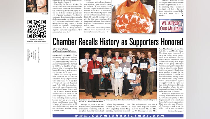 A group photo of supporters holding certificates at a Carmichael Chamber of Commerce event, celebrating its 70-year anniversary.
