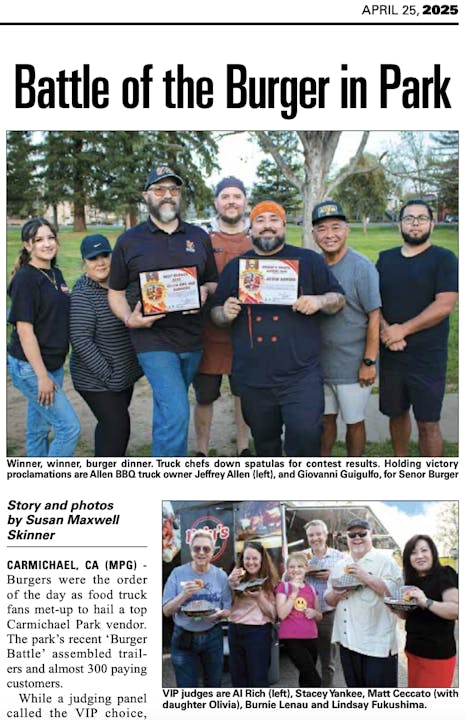 "Battle of the Burger in Park" event; winners celebrate with plaques, judged by a VIP panel; food trucks and fans gathered.