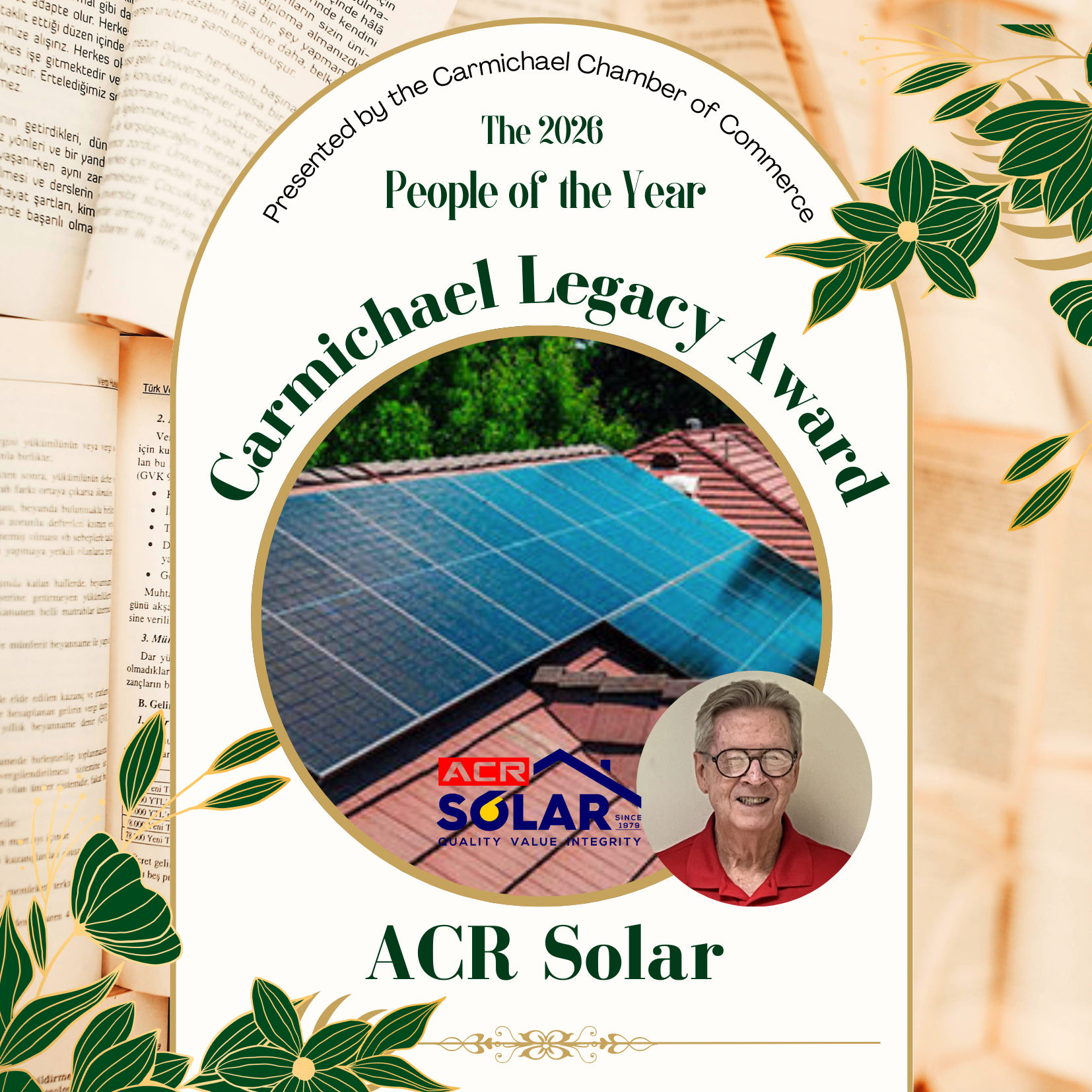 The image features the 2026 Carmichael Legacy Award presented to ACR Solar by the Carmichael Chamber of Commerce, showcasing solar panels.
