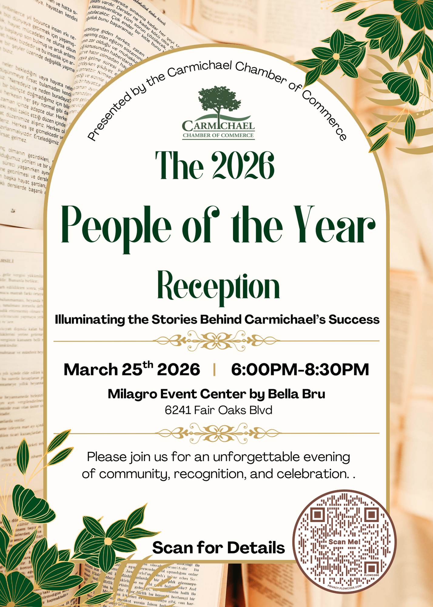 Event for the 2026 People of the Year Reception by the Carmichael Chamber of Commerce, March 25, 2026, at Milagro Event Center.