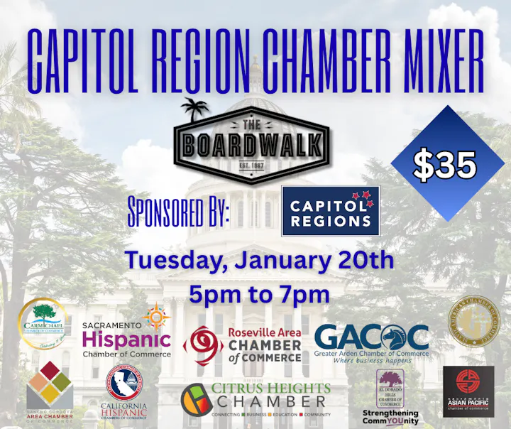 Capitol Region Chamber Mixer on January 20, 5-7 PM at The Boardwalk. Cost: $35. Sponsored by multiple local chambers.