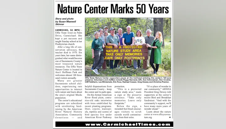 The image details the 50th anniversary of the Effie Yeaw Nature Center in Carmichael, celebrating nature education and community support.