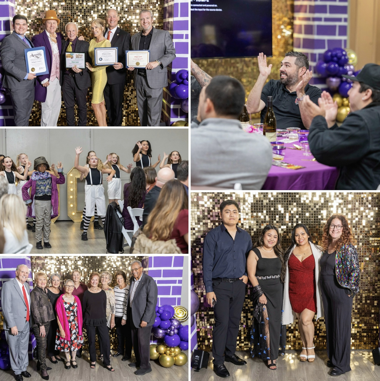 The image features a lively event with awards, performances, and groups of people celebrating together, showcasing joy and community.