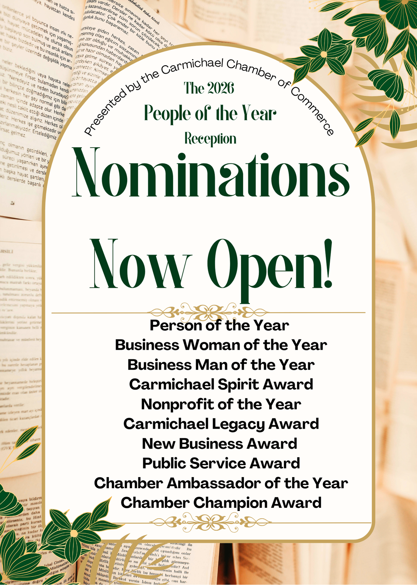 Nominations open for 2026 Carmichael Chamber awards like Person of the Year, Business Woman/Man, Legacy Award, and more.