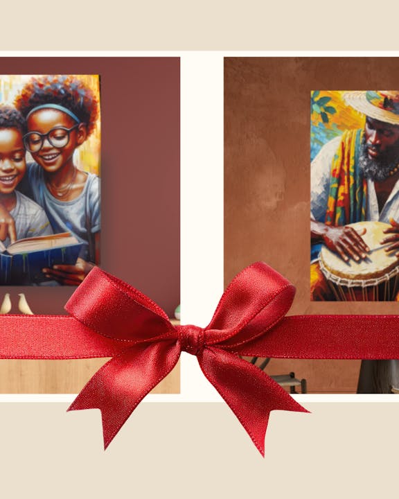The image features two colorful wall art pieces: one of children reading and another of a musician playing an instrument, wrapped with a red bow.
