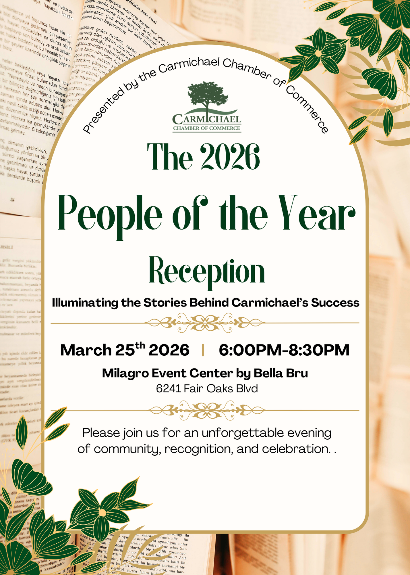 Invitation to "The 2026 People of the Year Reception" on March 25, 2026, at Milagro Event Center, 6-8:30 PM.
