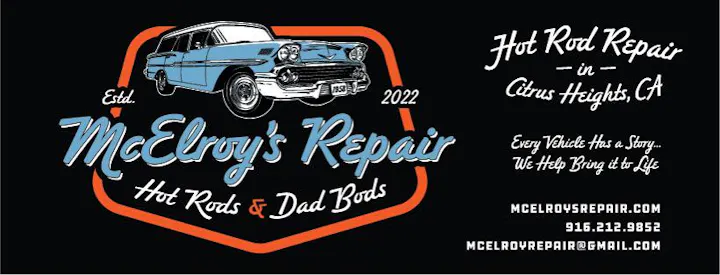 It’s a logo for McElroy's Repair, specializing in hot rod and dad bod vehicle repairs in Citrus Heights, CA, established in 2022.
