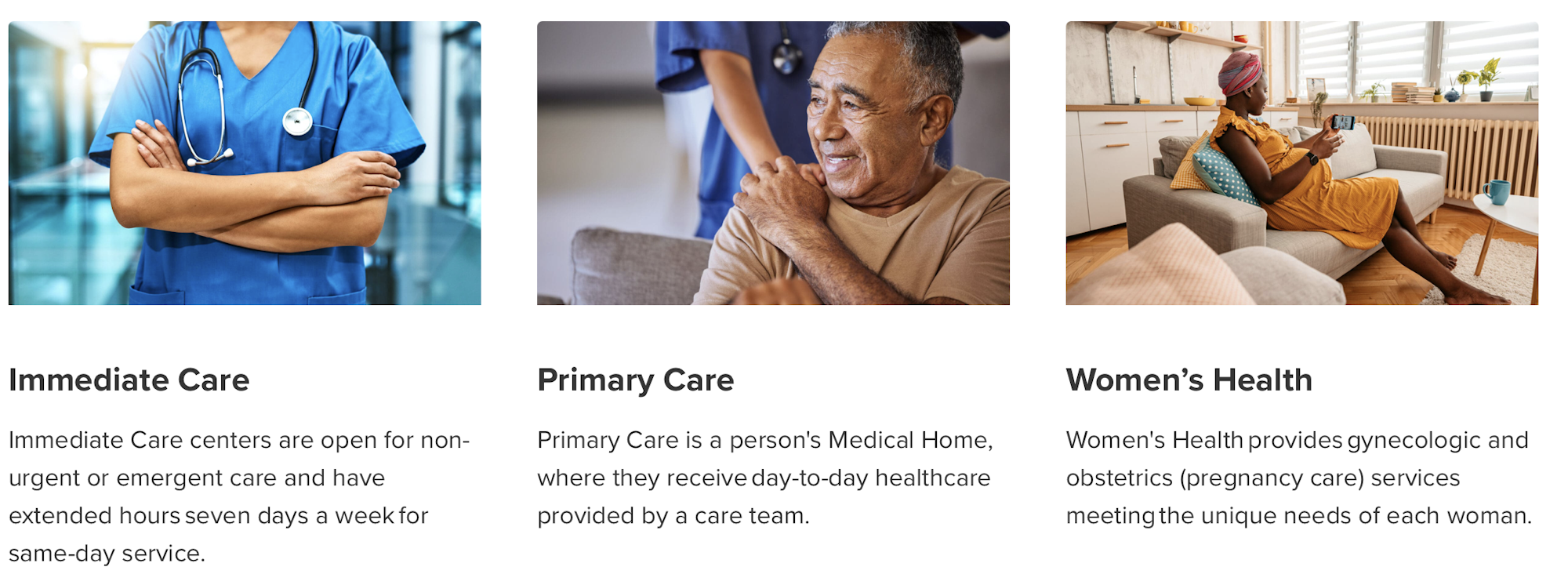Three healthcare service images: Immediate Care, Primary Care, Women's Health. Descriptions below each image explain their services.