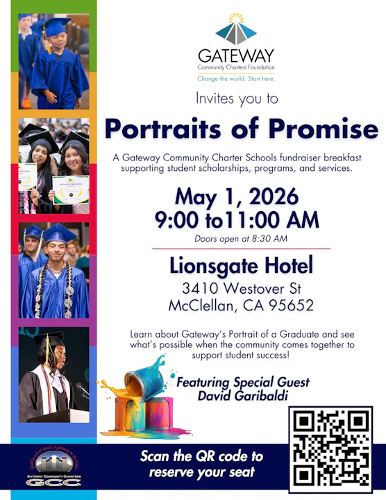 Invitation to "Portraits of Promise" fundraiser on May 1, 2026, at Lionsgate Hotel, supporting student scholarships. Special guest David Garibaldi.