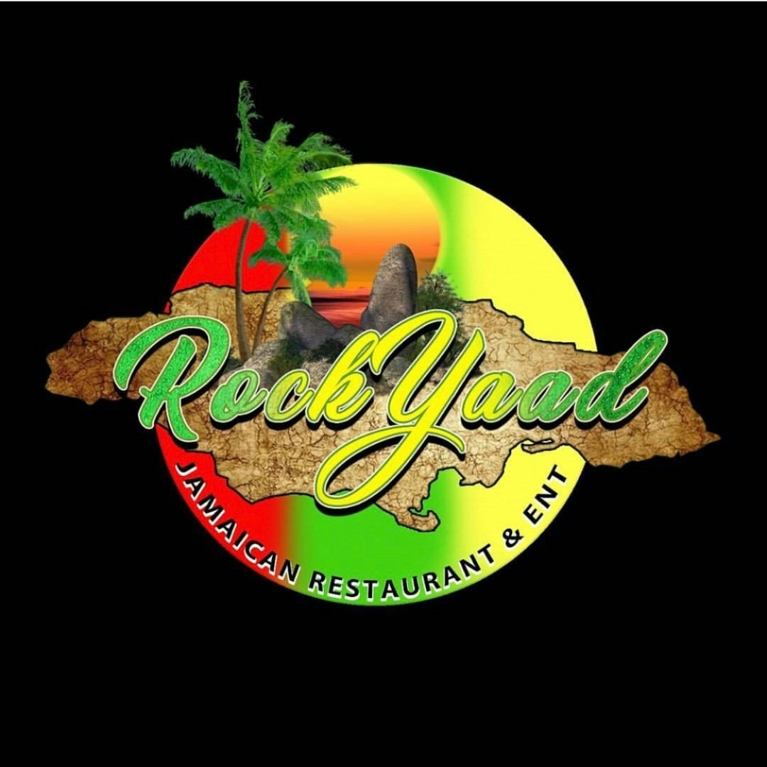 Logo for RockYaad Jamaican Restaurant & Ent. with palm trees, sunset, and Jamaican colors.