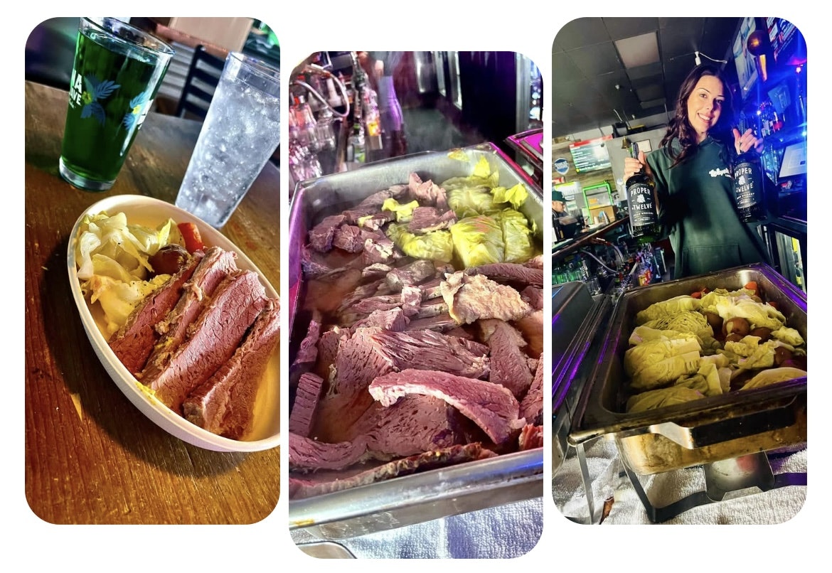 Corned beef and cabbage dishes, green drink, a woman holding bottles, bar setting.