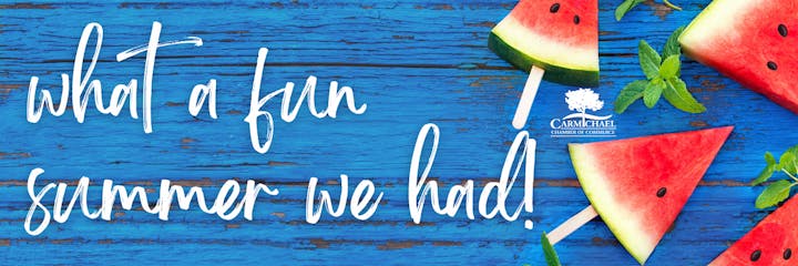 Watermelon slices and mint on blue wood with text: "what a fun summer we had!"