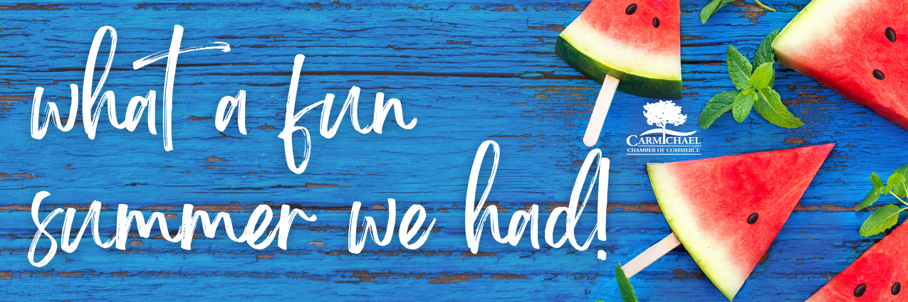 Watermelon slices and mint on blue wood with text: "what a fun summer we had!"