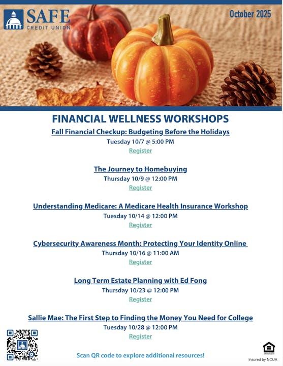 SAFE Credit Union financial wellness workshops schedule for October 2025 with topics and registration links.