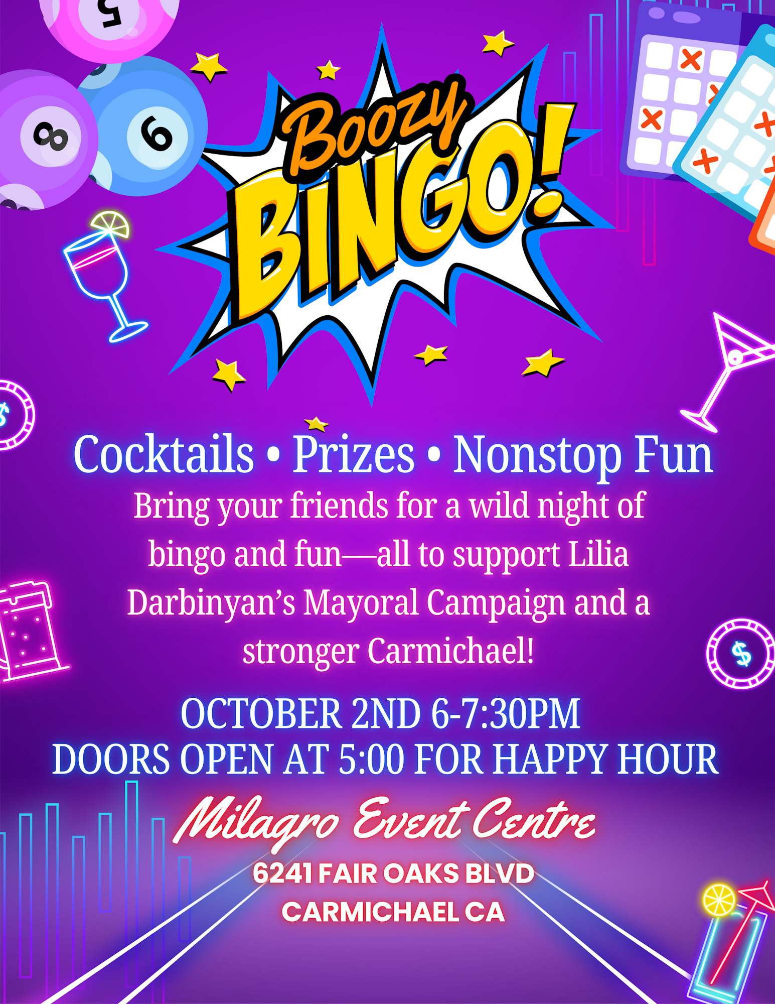 Boozy Bingo event with cocktails and prizes supporting a mayoral campaign, Oct 2nd, 6-7:30 PM, Milagro Event Centre, Carmichael, CA.