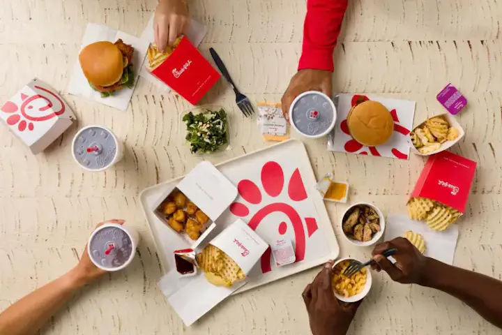 A variety of Chick-fil-A food items are spread out on a table, including burgers, fries, and salads, with drinks and sauces.