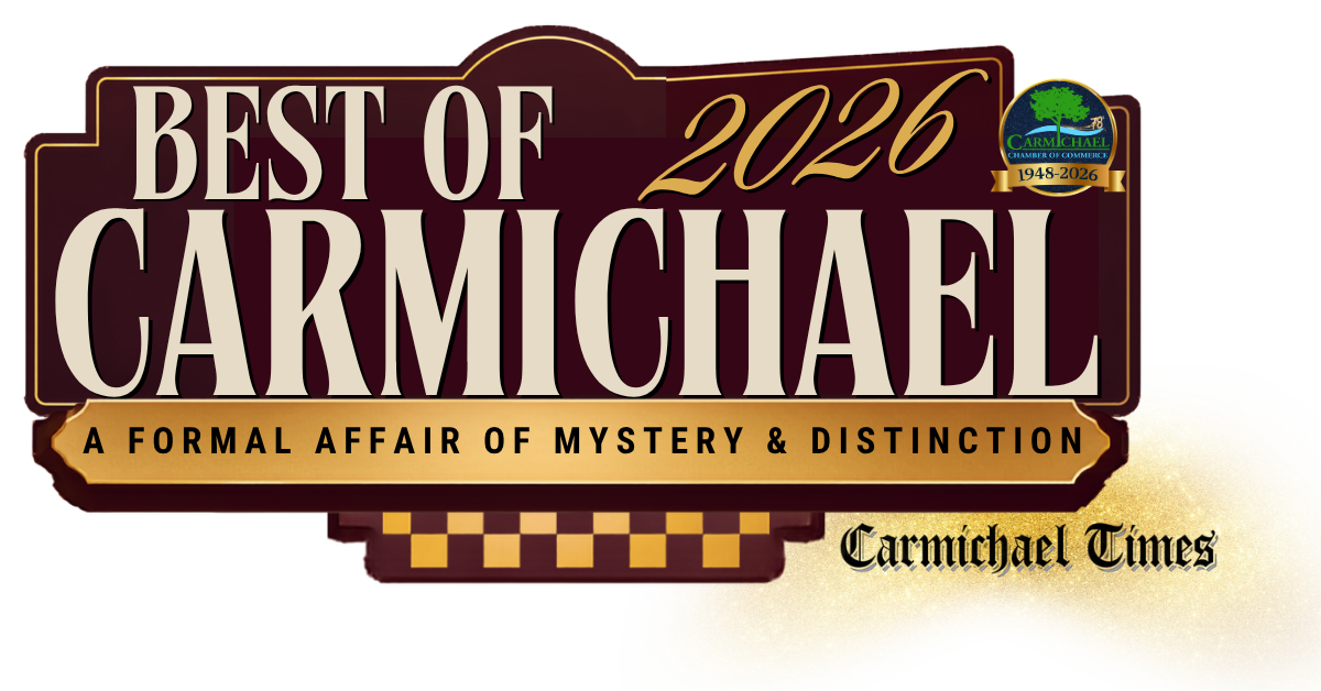 Logo for "Best of Carmichael 2026," featuring a theme of mystery and distinction, associated with Carmichael Times.