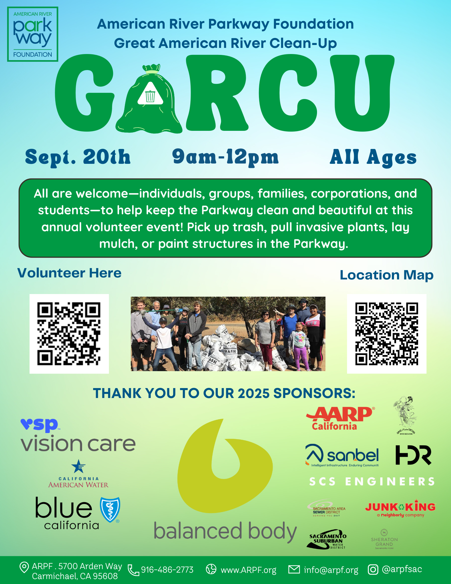 Great American River Clean-Up event on Sept. 20, 9am-12pm, for all ages. Volunteer activities, sponsor logos, and contact info included.