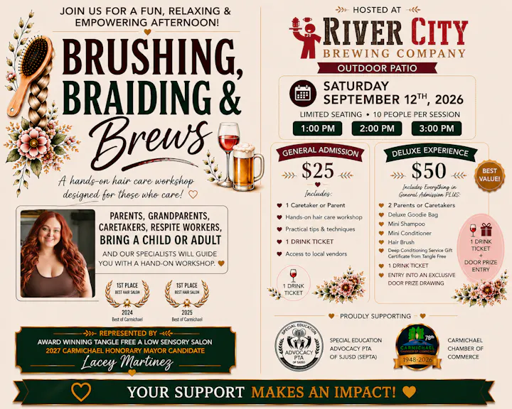 Join the "Brushing, Braiding & Brews" workshop on Sept 12, 2026, at River City Brewing Co. Enjoy hair care techniques and fun!