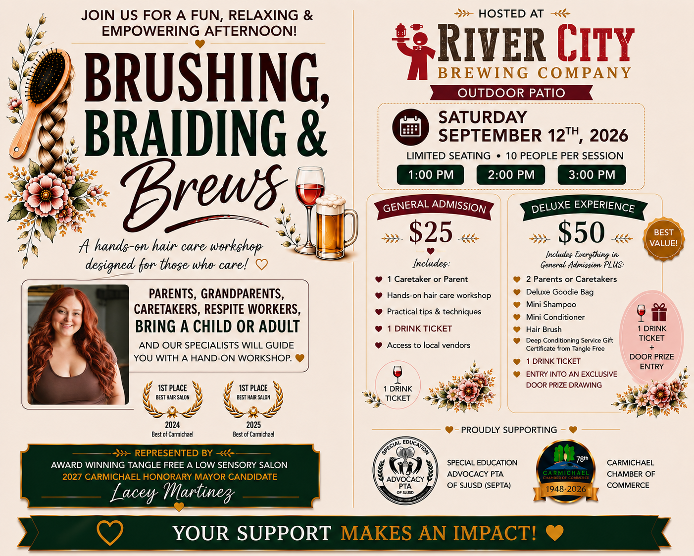 Join the "Brushing, Braiding & Brews" workshop on Sept 12, 2026, at River City Brewing Co. Enjoy hair care techniques and fun!
