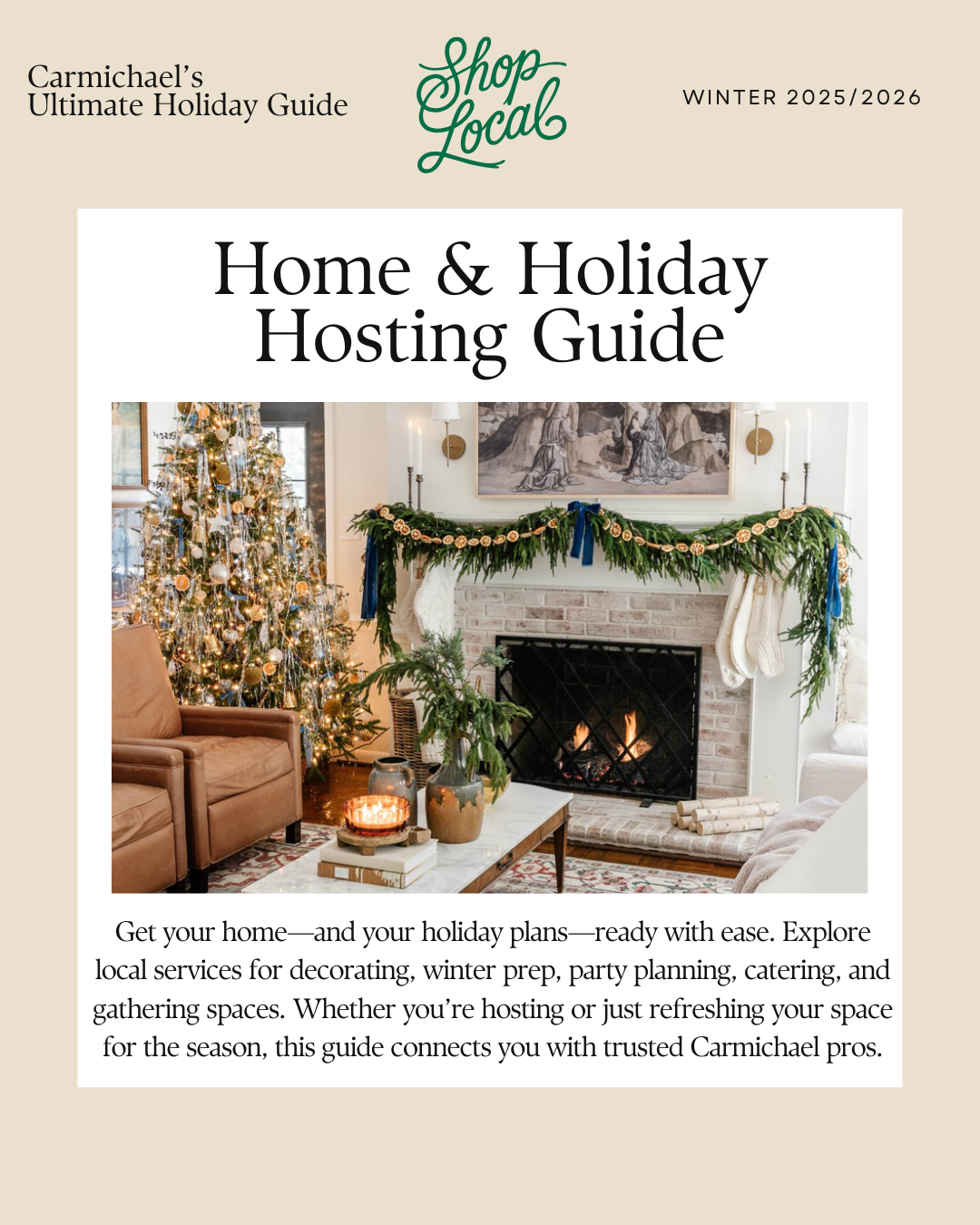 A guide for holiday hosting, featuring local services for decorating, party planning, and preparing gathering spaces.