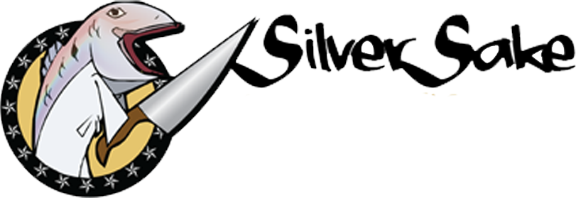 A fish wearing a chef's coat holding a knife, with the text "Silver Sake."