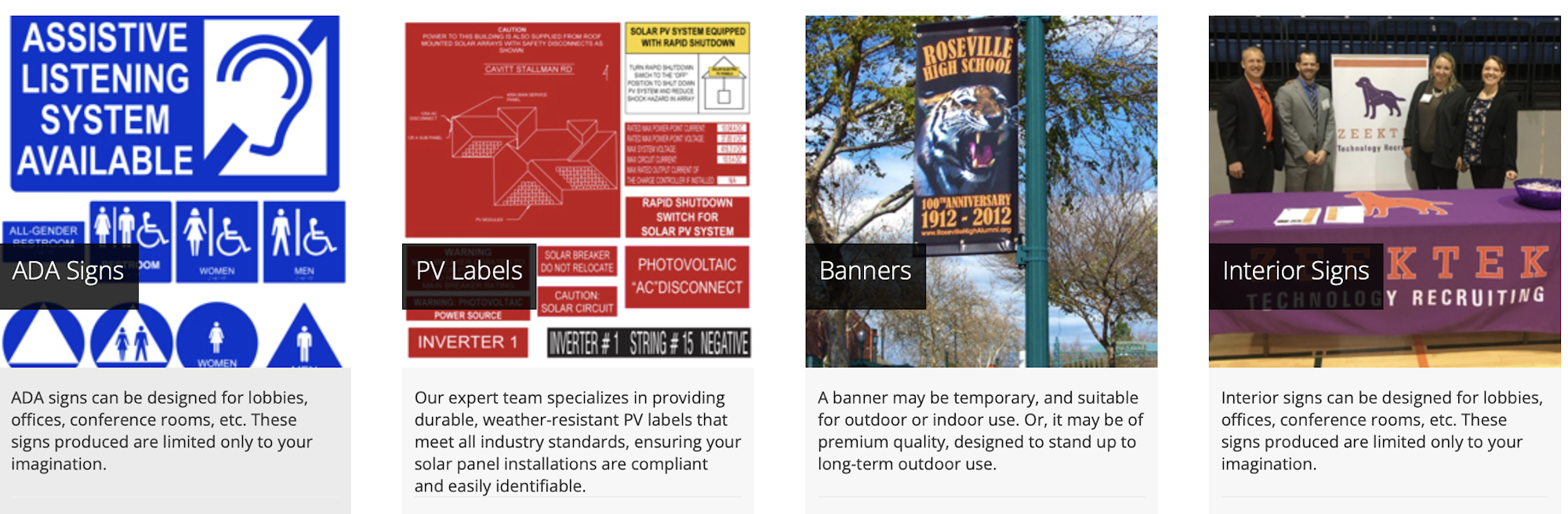 Signs for ADA, PV labels, banners, and interior displays. Offers for lobbies, events, and weather-resistant needs.