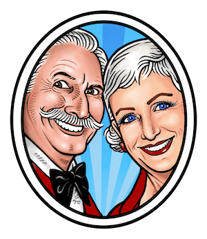 Cartoon portraits of an older man with a mustache and an older woman, both smiling inside an oval frame.