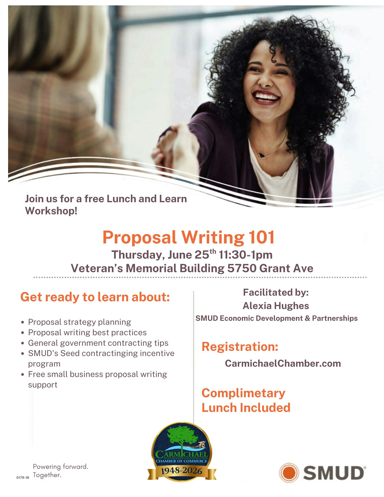 Free "Proposal Writing 101" workshop on June 25, 11:30 AM - 1 PM at Veteran’s Memorial Building. Complimentary lunch included.