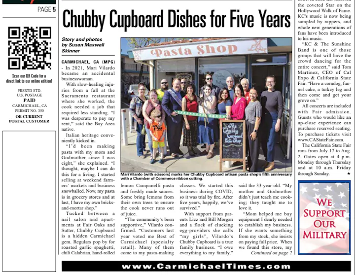 The image features an article about Mari Vilardo, who opened Chubby Cupboard, a pasta shop celebrating its five-year anniversary in Carmichael, CA.