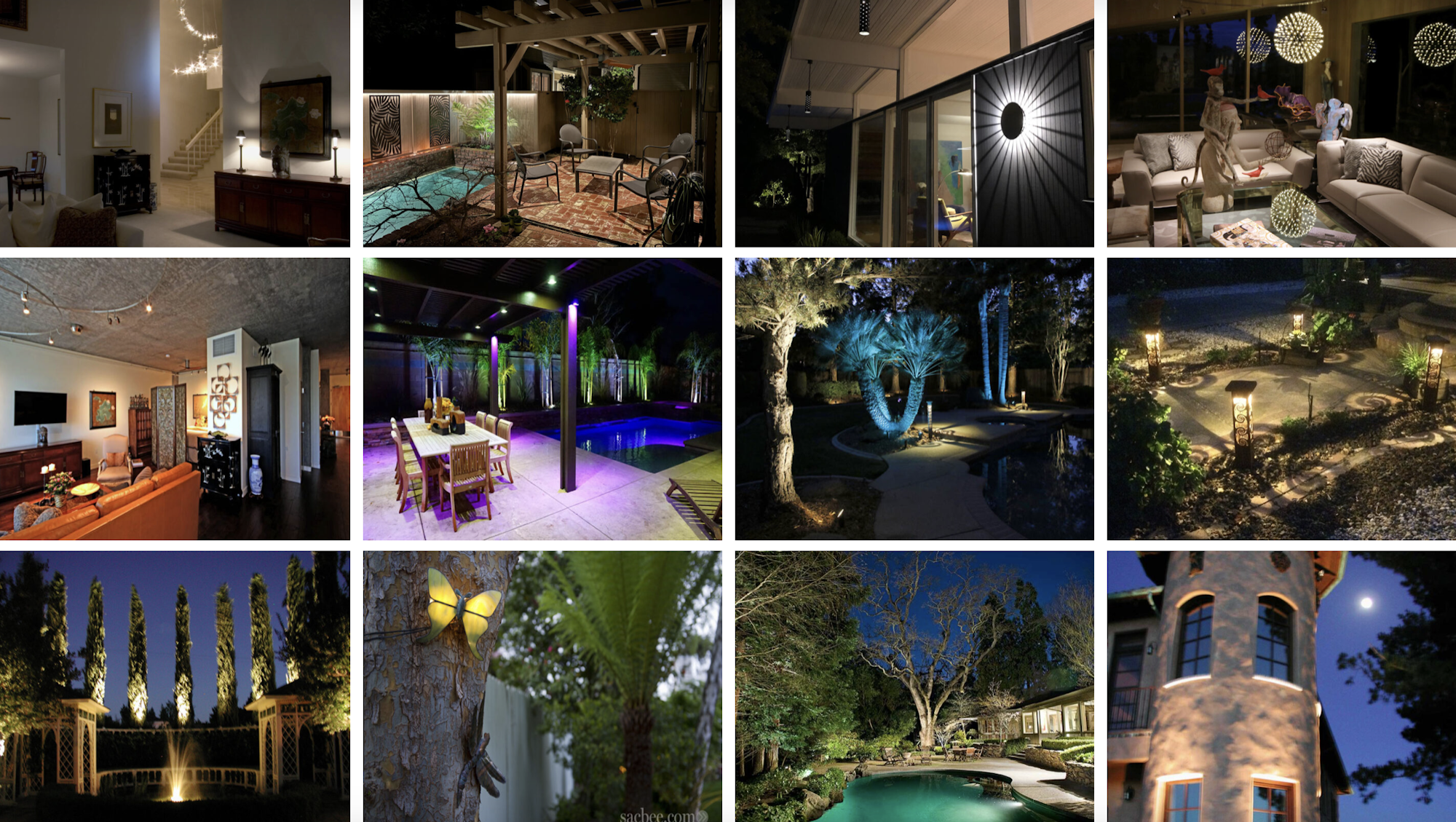 Various indoor and outdoor lighting setups, including living rooms, pools, and decorative garden lights.