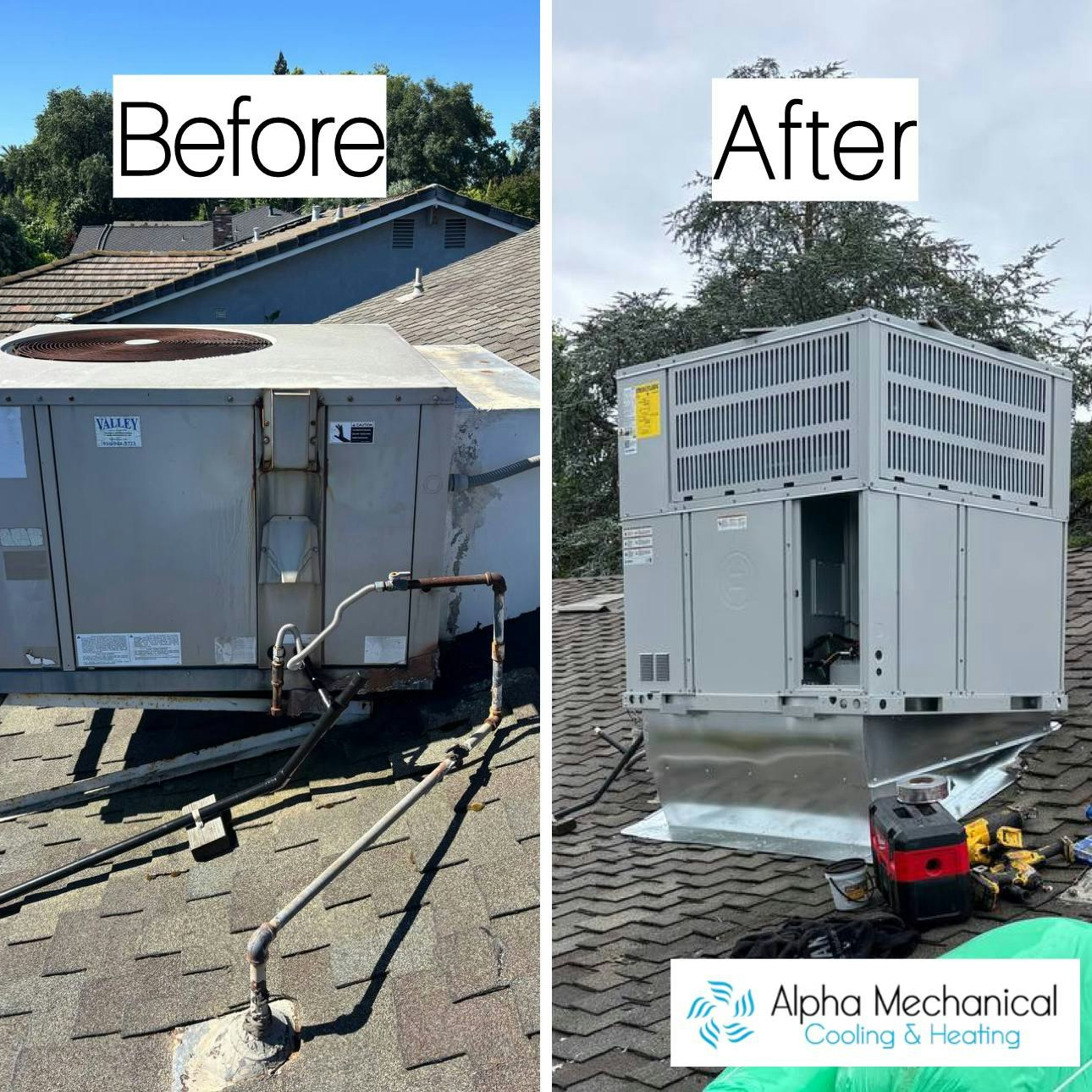 A rooftop HVAC system is shown before and after replacement, highlighting an upgrade from an older unit to a new one.