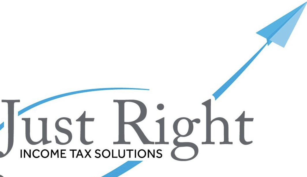 "Just Right Income Tax Solutions" with a blue paper airplane graphic.