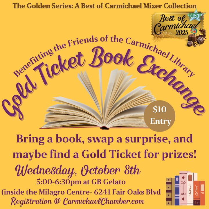 Gold Ticket Book Exchange event on Oct 8th, 5-6:30pm at GB Gelato, $10 entry. Bring a book, swap, and win prizes.