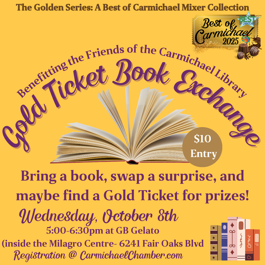 Gold Ticket Book Exchange event on Oct 8th, 5-6:30pm at GB Gelato, $10 entry. Bring a book, swap, and win prizes.