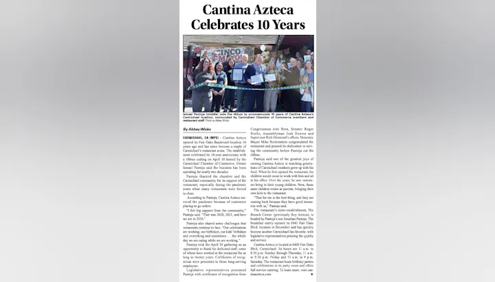 Cantina Azteca in Carmichael celebrates 10 years with a ribbon-cutting. Owner Ismael Pantoja thanks the community and staff.