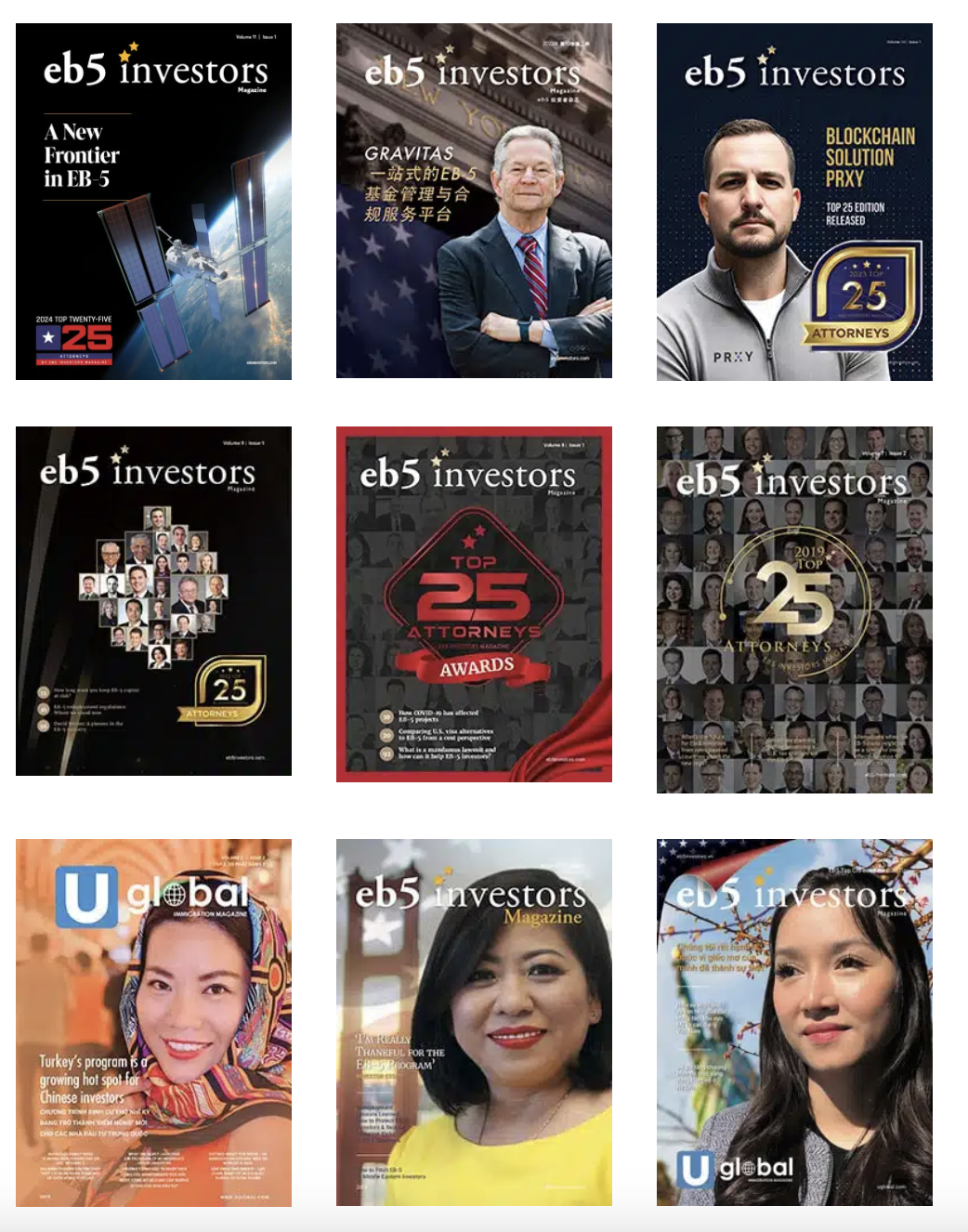 The image showcases several magazine covers related to EB-5 investment immigration, featuring articles and awards for top attorneys.