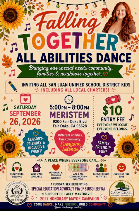 A dance event for the special needs community on Sept 26, 2026, at Meristem, Fair Oaks. $10 entry, family-friendly, inclusive fun!