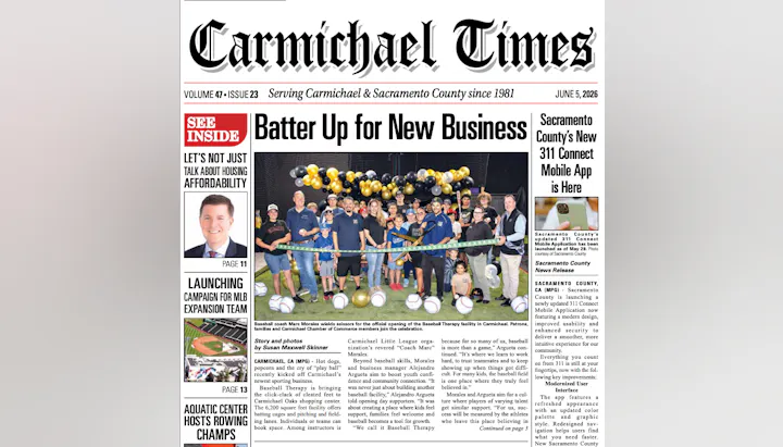 The image is a newspaper front page featuring the opening of a Baseball Therapy facility in Carmichael, highlighting community support and activities.