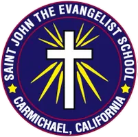 Saint John the Evangelist School logo with a cross and yellow rays; Carmichael, California.