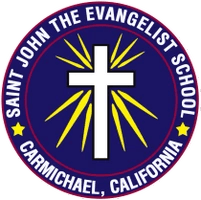Saint John the Evangelist School logo with a cross and yellow rays; Carmichael, California.