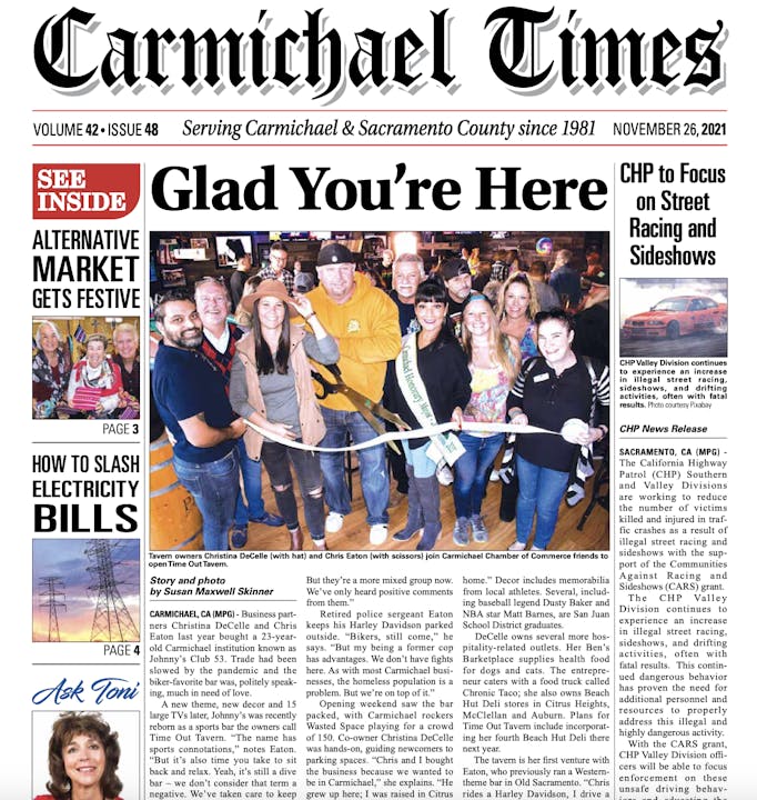 Carmichael Times front page featuring a community event, CHP focus on street racing, and tips on reducing electricity bills.